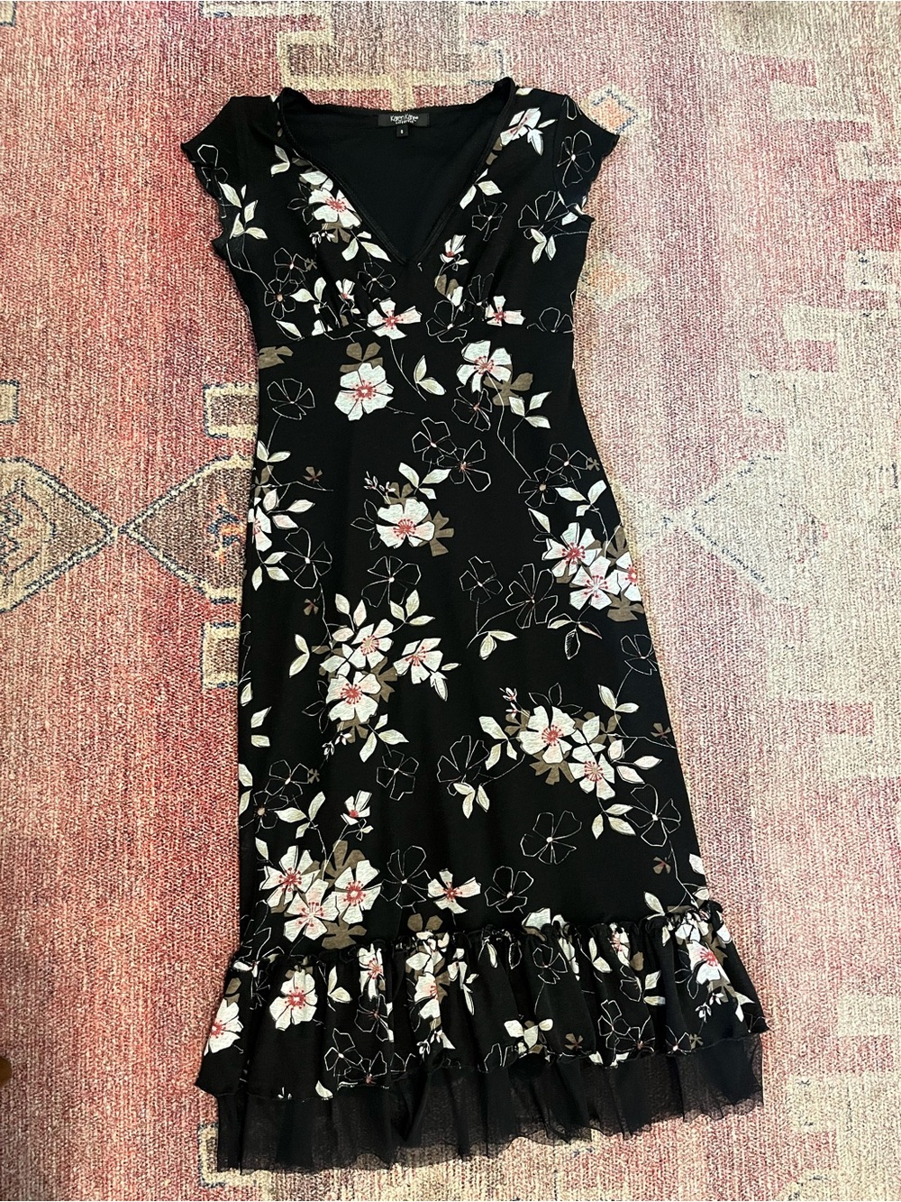 Karen Kane vintage Y2K Lifestyle mesh v neck floral LBD cap sleeve ruffle hem s